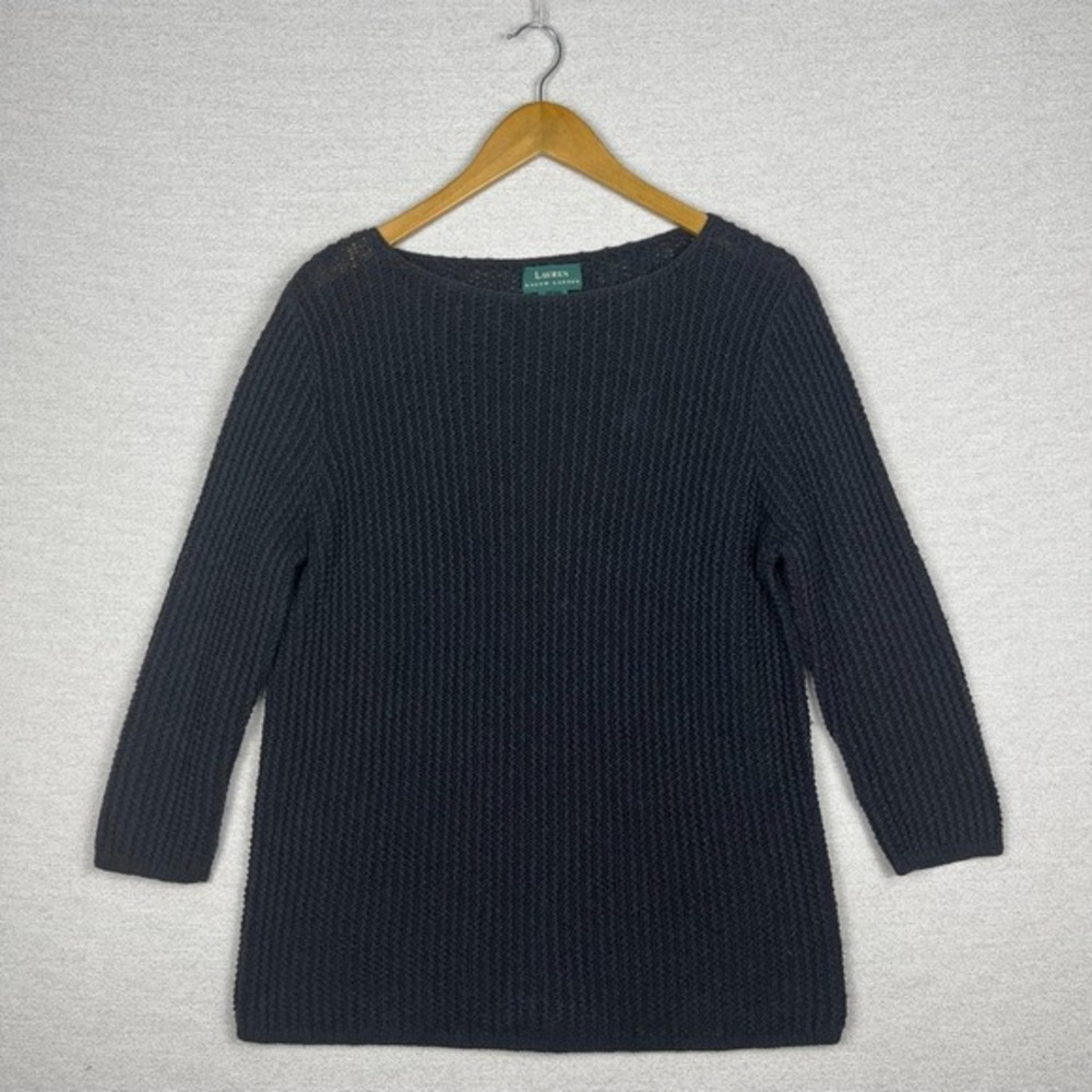 Vtg 90s Lauren Ralph Lauren Sweater Womens M Black Linen Cotton Chunky Beach